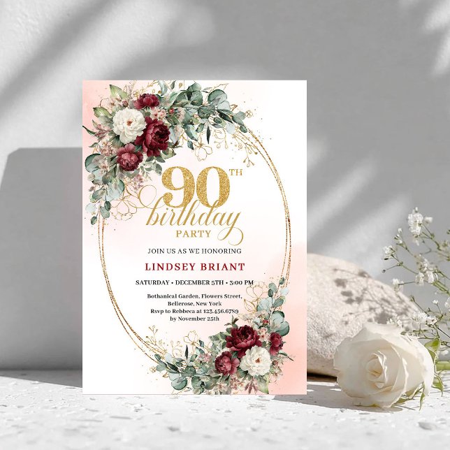 Invitation Événement raffiné Marsala Pivoines Verdure 90e Ann (Refined Marsala Peonies Greenery 90th Birthday)