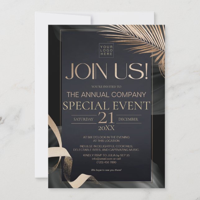 Invitation Événement spécial annuel d'entreprise Luxe Noir Or (Devant)