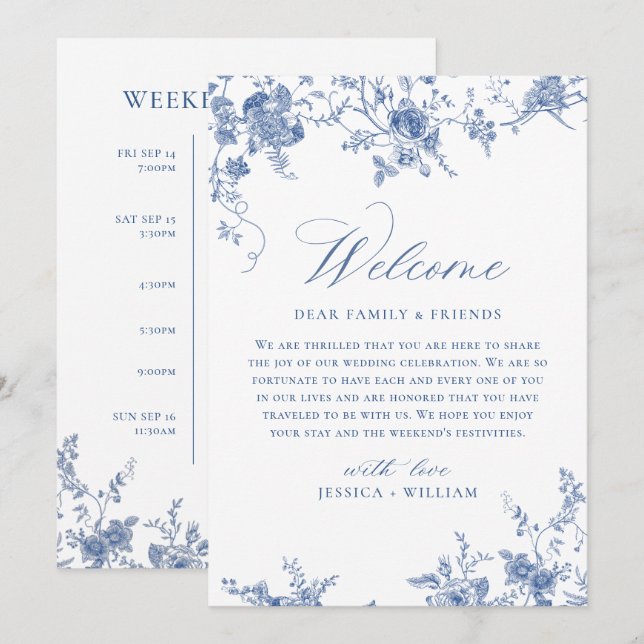 Invitation Événements de WEEK-END de mariage floral bleu vict (Devant / Derrière)