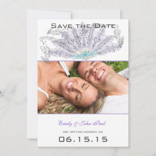 Invitation Éventail à plumes vintage violet pour mariage Save