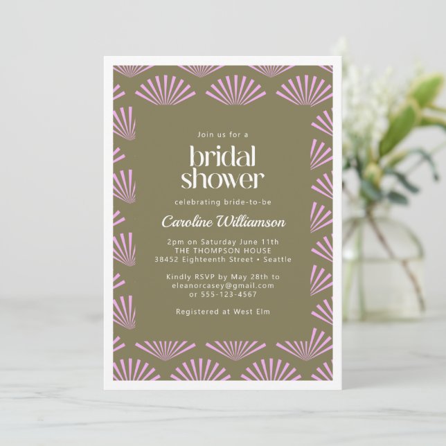 Invitation Éventails Art Déco aux couleurs olive et lilas pou (Debout devant)