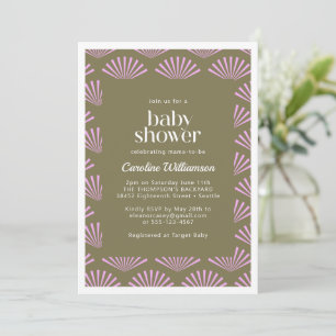 Invitation Éventails Art Déco en olive et lilas pour une baby