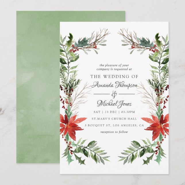 Invitation Evergreen - Mariage de Noël en forêt hivernale (Devant / Derrière)