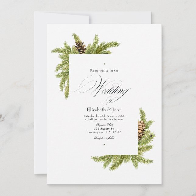 Invitation Evergreen Pines Mariage Hiver Merveilleux Code QR (Devant)