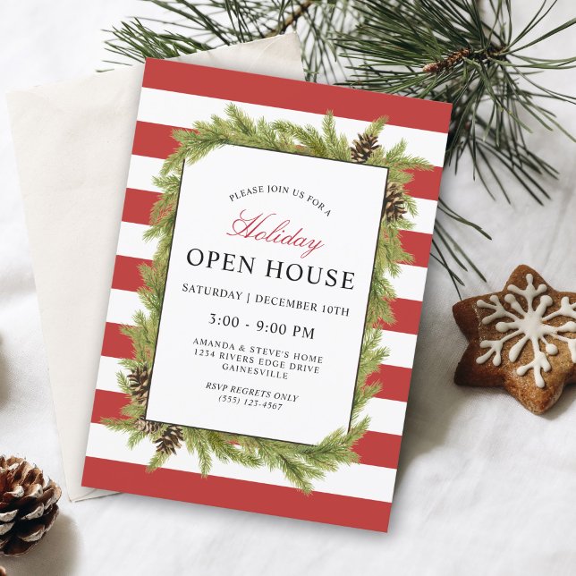 Invitation Evergreens and Stripes Holiday Open House (A festive holiday open house invitation in red and white stripes with evergreens.)