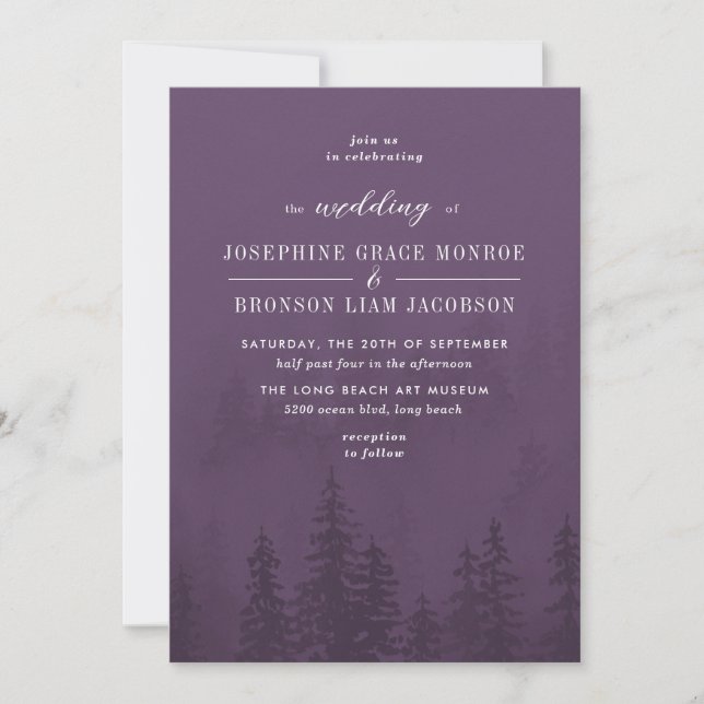 Invitation Evergreens dans la forêt de Foggy Mariage violet (Devant)