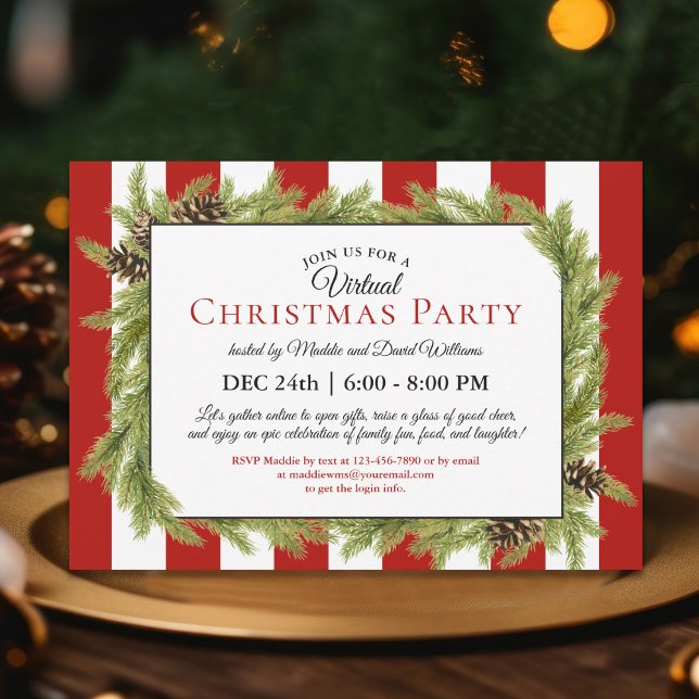 Invitation Evergreens et Stripes fête virtuelle de Noël (Celebrate Christmas with a virtual party for family and friends far away.)