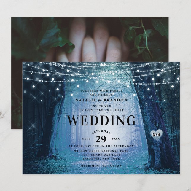 Invitation Evermore | Forêt de fée enchantée | Mariage bleu (Devant / Derrière)