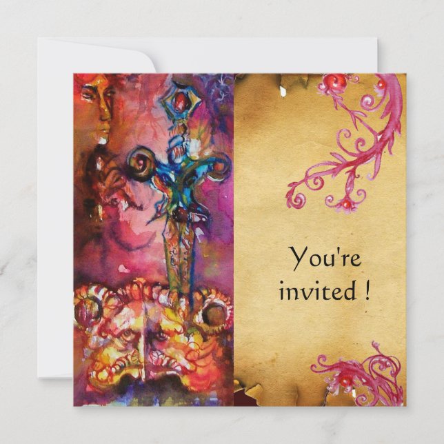 Invitation EXCALIBUR 3 , rouge vif , parchemin rose violet (Devant)