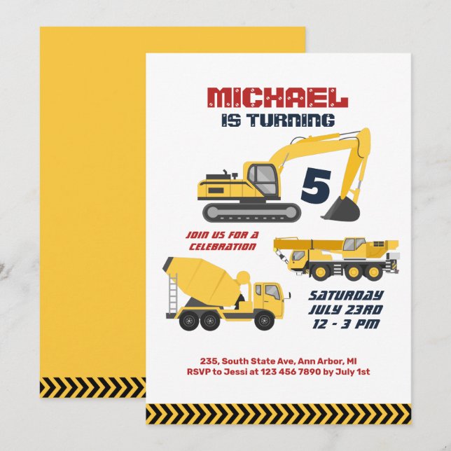 Invitation Excavateur Grue Constructeur Garçons Anniversaire (Devant / Derrière)