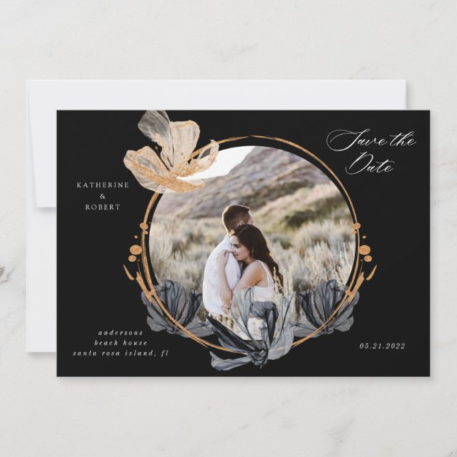 Invitation Exclusive Black Gold Floral Enregistrer La Date (Devant)