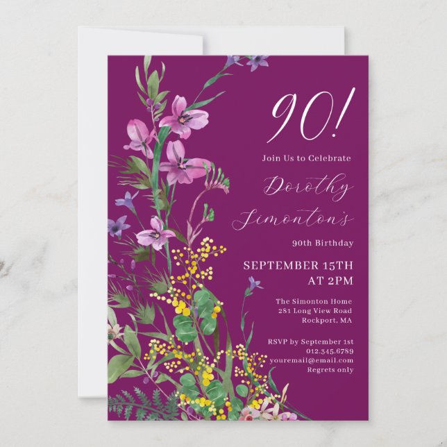 Invitation Exotic rose jaune Fleur sauvage 90e anniversaire (Devant)