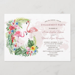 Invitation Exotic Tropical Floral Gold World Map Fiançailles