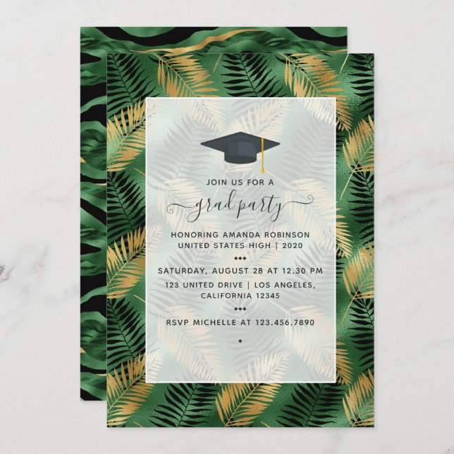 Invitation Exotic Tropical Green and Gold Graduation Party (Devant / Derrière)