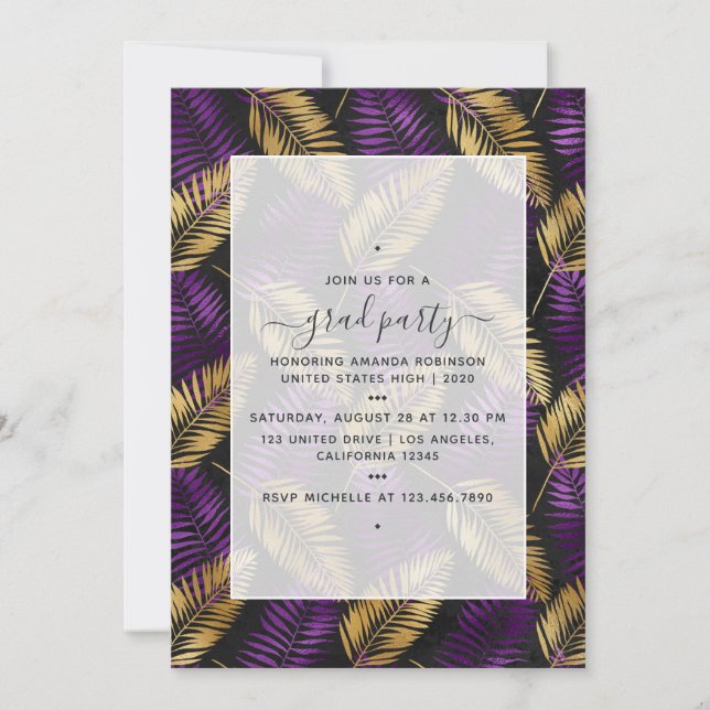 Invitation Exotic Tropical Purple and Gold Graduation Party (Devant)