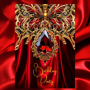 Invitation Exotique Anniversaire Rouge riche Or Bijou Papillo