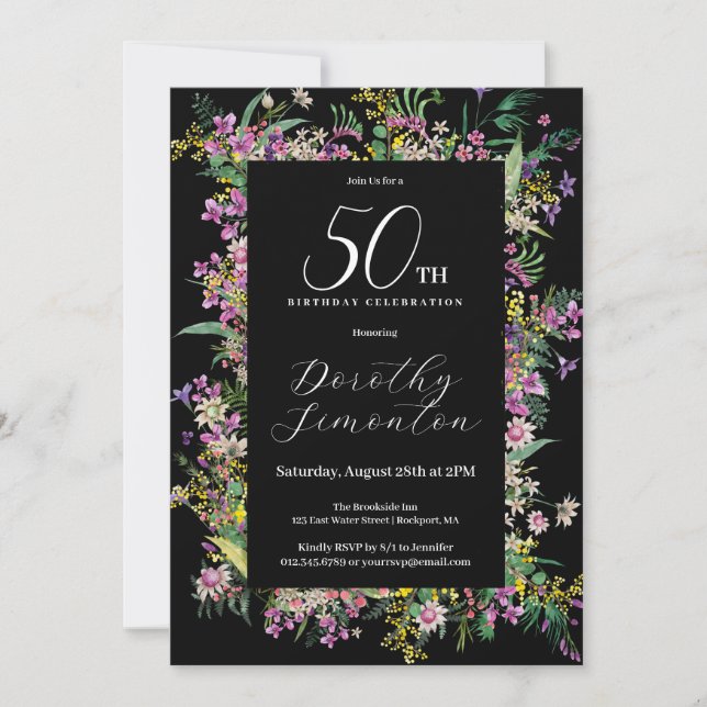 Invitation Exotique violet rose jaune Fleur sauvage 50e anniv (Devant)