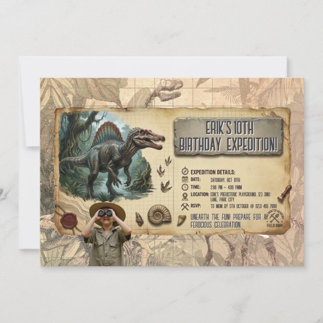 Invitation Expédition Anniversaire Dinosaure Spinosaurus Aven (Devant)