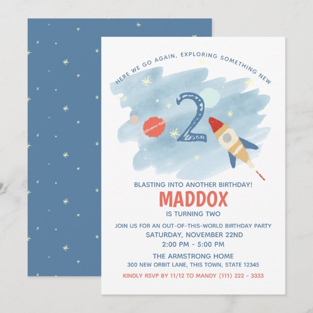 Invitation Explorez l'espace Deuxième anniversaire (Devant / Derrière)