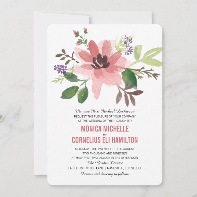 Invitation Explosion de fleurs roses à l'aquarelle | Mariage (Devant)