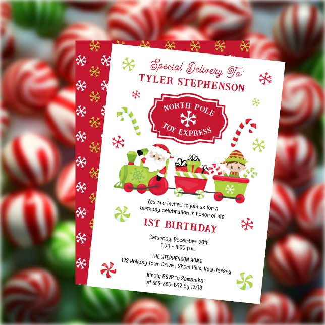 Invitation Express Jouet du Pôle Nord Train 1er anniversaire  (North Pole Christmas Holiday 1st Birthday Party Invitation)
