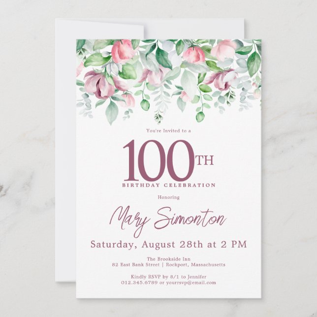 Invitation Exquis Fleur Mauve Rose 100e Anniversaire (Devant)