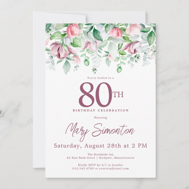Invitation Exquis Fleur Mauve Rose 80e Anniversaire  (Devant)