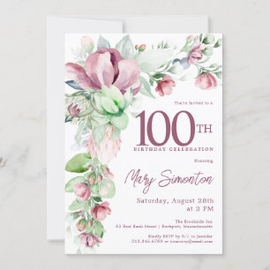 Invitation Exquise rose mauve floral 100e anniversaire