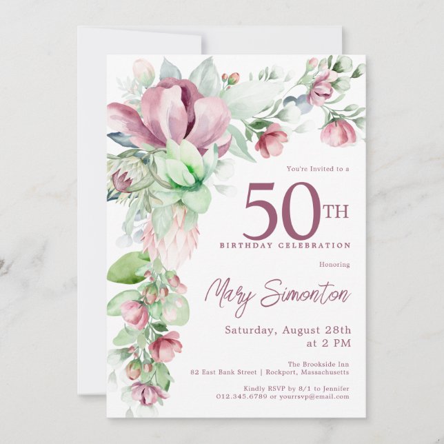 Invitation Exquise rose mauve Floral 50e anniversaire (Devant)