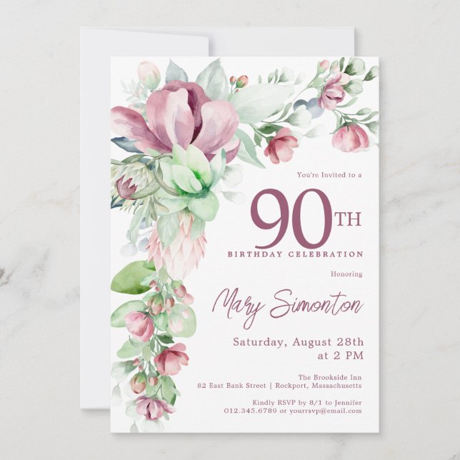 Invitation Exquise rose mauve Floral 90e anniversaire (Devant)