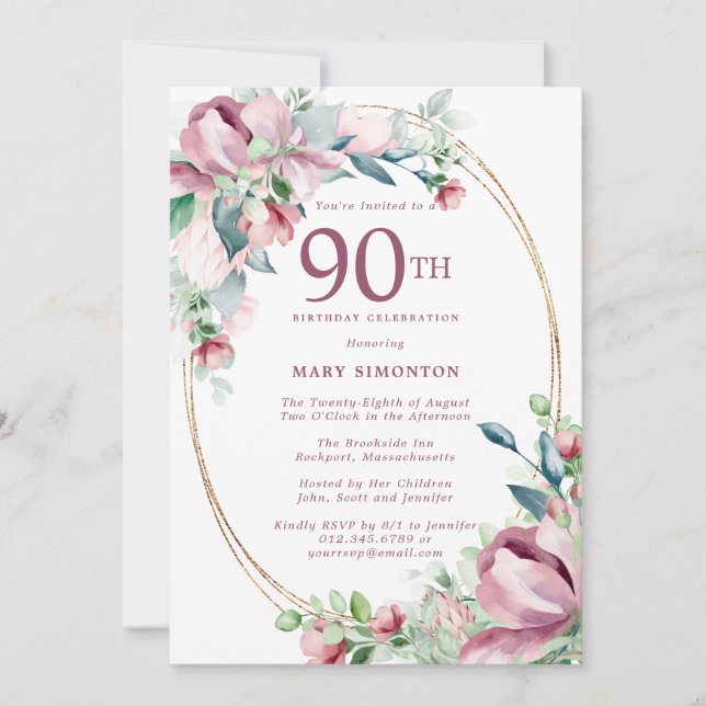 Invitation Exquise rose mauve Floral 90e anniversaire (Devant)