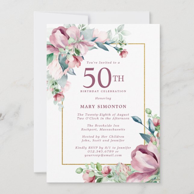 Invitation Exquise Rose Rose Floral 50e anniversaire (Devant)