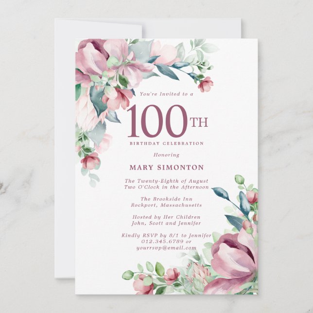 Invitation Exquise Rose rose florale 100e anniversaire (Devant)