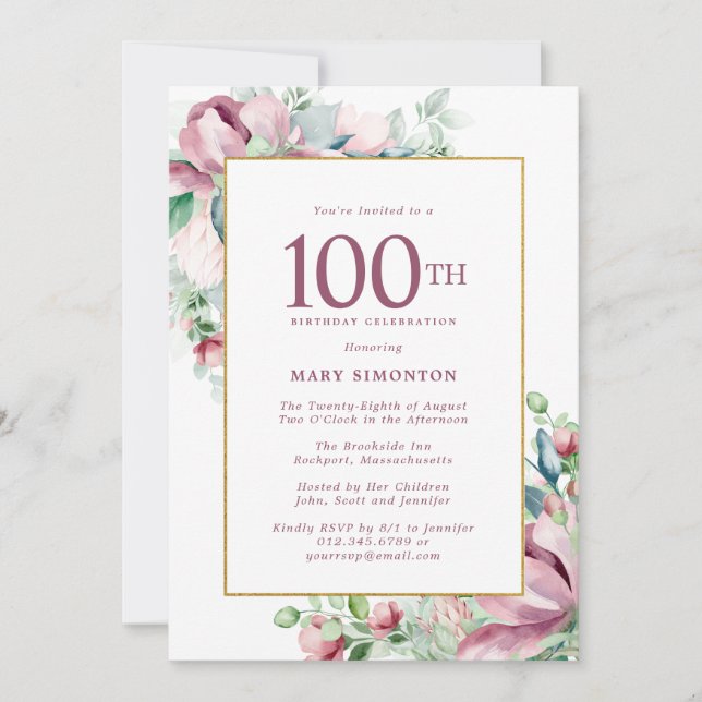 Invitation Exquise Rose rose florale 100e anniversaire (Devant)