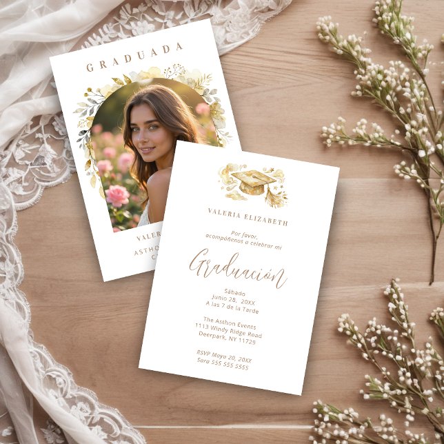 Invitation Exquisite Beige Graduate Cap Floral Arch Photo (Exquisite Graduate Cap in Beige Tones Graduation Invitation Card Design in Spanish with Front Photo.)