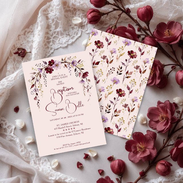 Invitation Exquisite Blooming Burgundy Arch Baptism (Exquisite Floral Burgundy Arch Baptism Invitation Design with Floral Pattern Back.)