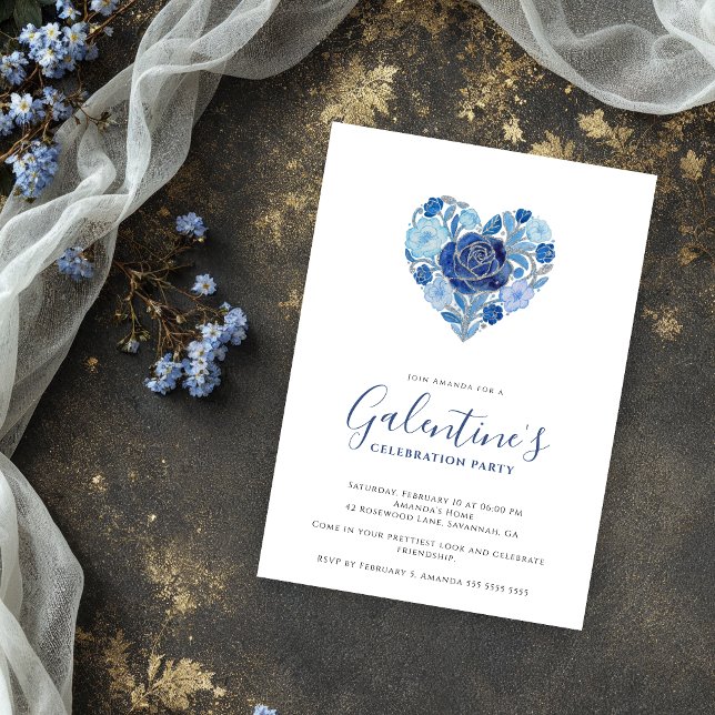Invitation Exquisite Blue Floral Heart Galentine's Day Party  (Exquisite Floral Heart Galentine's Day Party Invitation Cards for Your Best Friends in Blue Shades.)