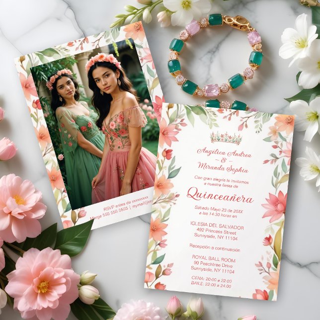 Invitation Exquisite Botanical Frame Quinceañera Twins Photo (Spanish Exquisite Spring Botanical Frame Quinceañera Twins Photo Invitations Cards with Tiara)