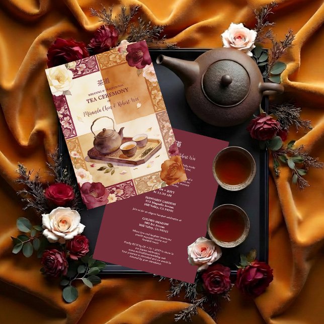 Invitation Exquisite Burgundy Oriental Tea Ceremony Wedding (Exquisite Burgundy Traditional Floral Chinese Tea Ceremony and Wedding Invitation Design.)