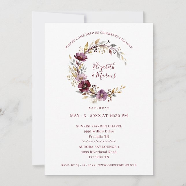 Invitation Exquisite Burgundy Wedding Floral Garland (Devant)