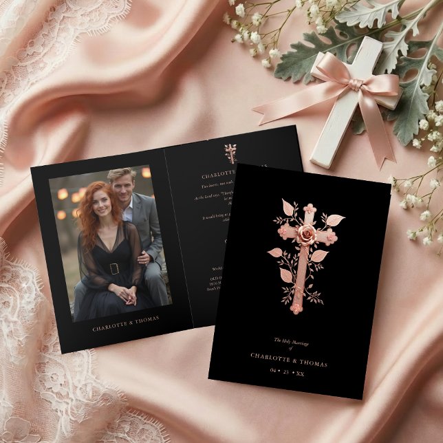 Invitation Exquisite Christian Rose Gold Cross Holy Marriage  (Exquisite Christian Rose Gold Effect Cross Holy Marriage Folder Invitation Cards with Photo. )