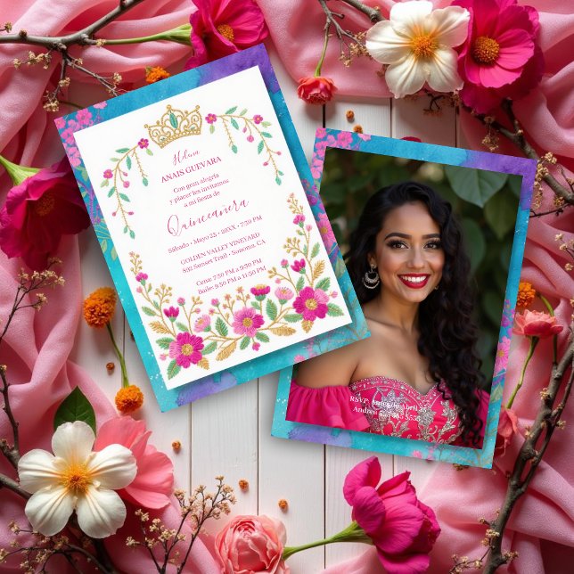 Invitation Exquisite Colorful Spanish Quinces Floral Border (Exquisite Colorful Spanish Mexican Inspired Floral Border Embroidery Style Quinceañera Invitation.)
