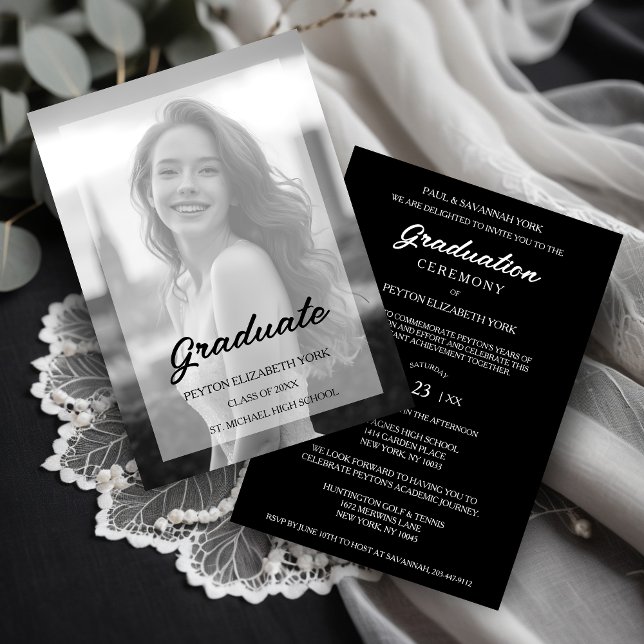 Invitation Exquisite Delicate Minimalist Black & White Photo (Exquisite Delicate Minimal Black & White Photo with Vellum Translucent Effect Graduation Invitation.)