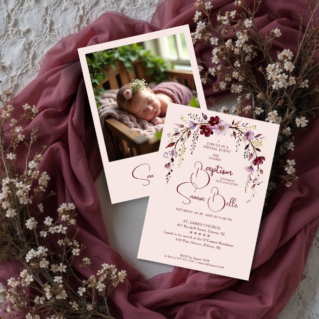 Invitation Exquisite Floral Burgundy Shades Arch Baby Baptism (Exquisite Floral Burgundy Shades Arch Baptism Invitation Design with Back Baby Photo. )