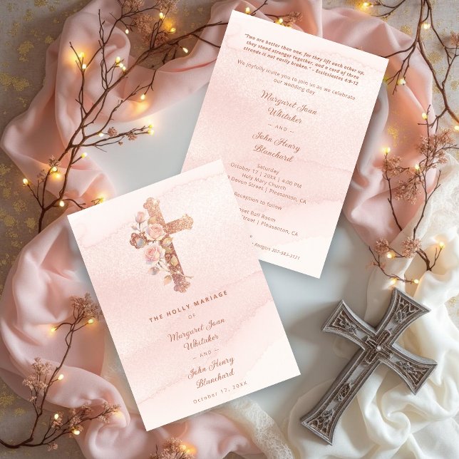 Invitation Exquisite Glitter Pink Floral Christian Cross (Exquisite Glitter Pastel Pink Floral Christian Cross Wedding Invitation Cards.)