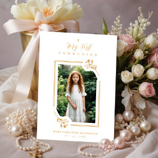 Invitation Exquisite Gold Botanical Frame First Communion