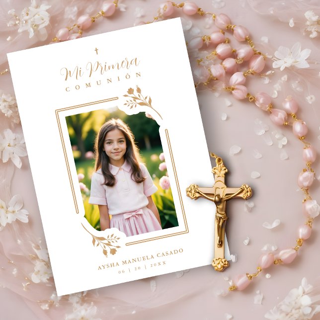 Invitation Exquisite Gold Floral Botanical Frame Communion (Exquisite Romantic Faux Gold Floral Botanical Frame with Photo Mi Primera Comunión Spanish.)