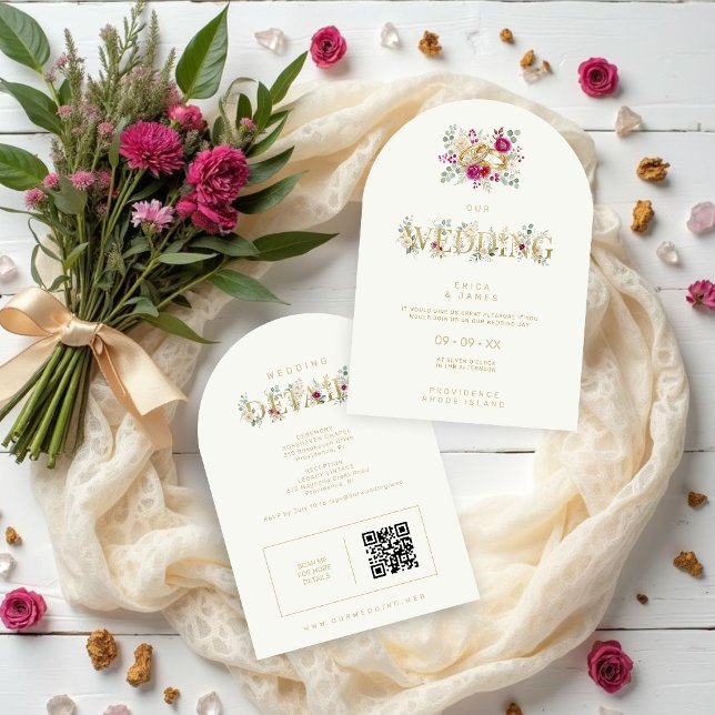 Invitation Exquisite Gold Rings Floral Wedding TLW26 (Exquisite Gold Rings Wedding Invitation with Elegant Cream Floral Bouquet Watercolor Effect)