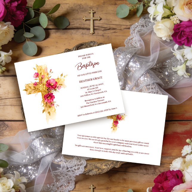 Invitation Exquisite Golden Glitter Floral Cross Baptism (Exquisite Gold Glitter Effect Floral Cross Christian Baptism Invitation Card Design. )