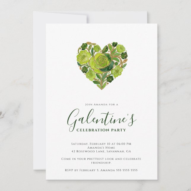 Invitation Exquisite Green Floral Heart Galentine's Day (Devant)
